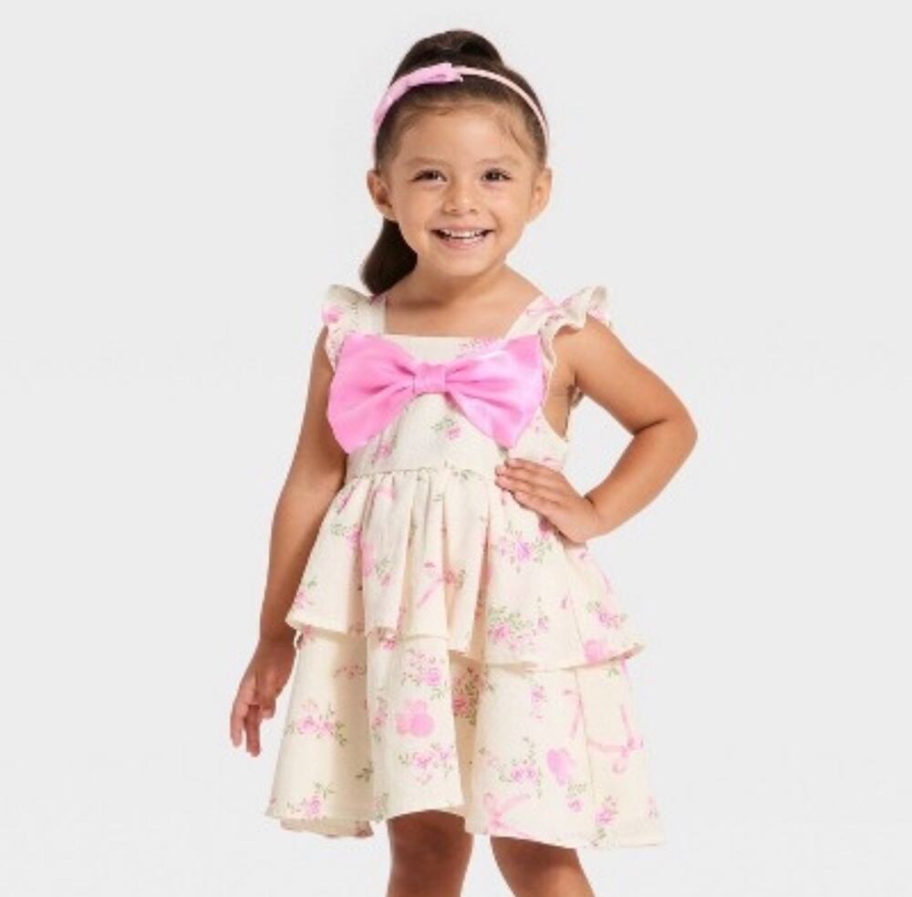 Disney Minnie Mouse Floral Bow Gauze Tiered Dress Pink Ivory Girls 3T NWT